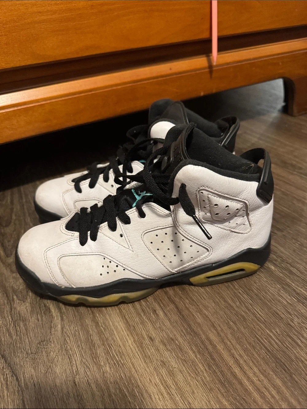 Jordan White Leather Basketball Sneakers with Black Laces and Teal Jumpman